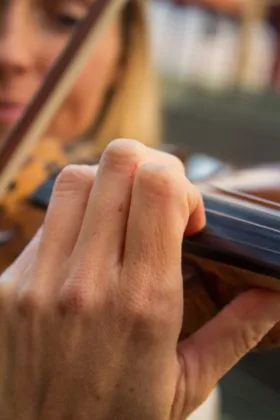A close-up photo of Liesbeth Baelus playing the violin.