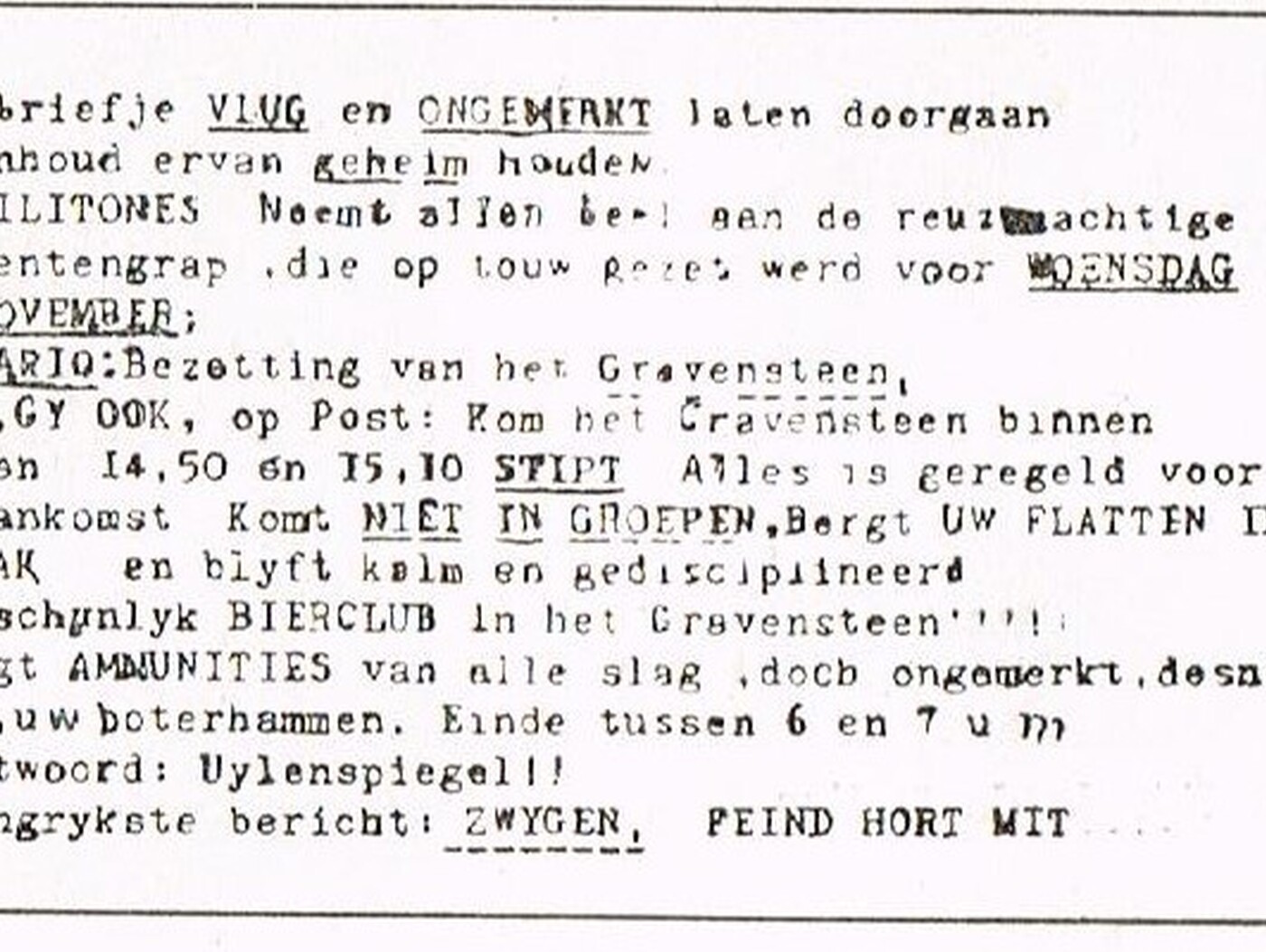 De originele uitnodiging dat stiekem werd verspreid voor deelname aan de Gravensteenbezetting